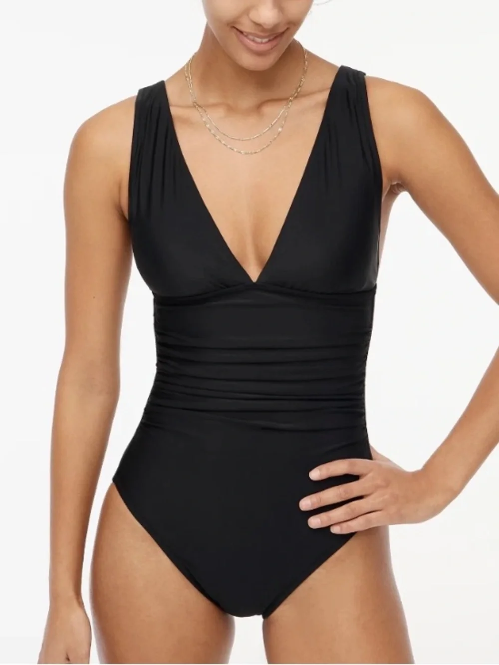 J. Crew V-Neck Ruched One Piece Swimsuit Black Padded Bust Minimalist Swim L